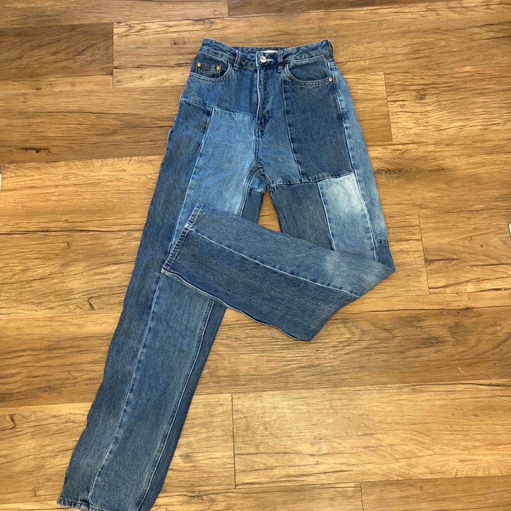 Patch work straight leg jeans
